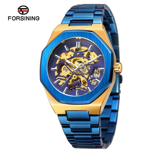 FORSINING Klockor Herr Vattentät rostfritt stål Automatisk kedja Armbandsur Skelett Mekanisk Watch Relogio Masculino Blue