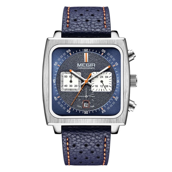 MEGIR Square Urtavla Quartz Watch Herr Armband i rostfritt stål Kronograf Sportarmbandsur med datum Lysande visare 24-timmarsindikator Blue
