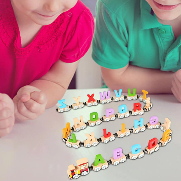 Träleksaksbilar Tidiga pedagogiska leksaker Montessori pedagogiska leksaker med lok Slitstarkt trä set för spel utomhus 27 sections Alphabet