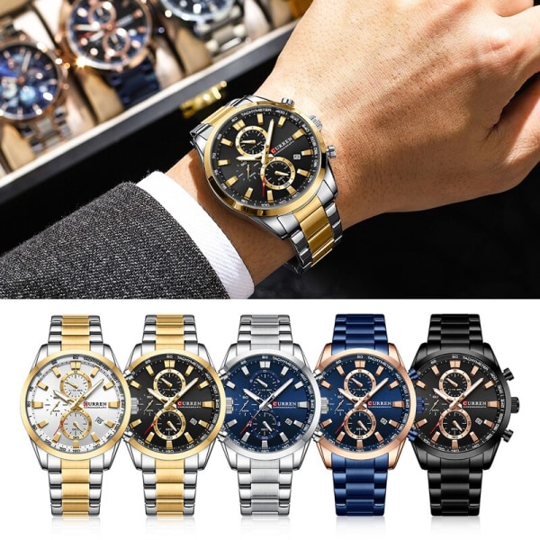 Casual Sportigt märke Armbandsur i rostfritt stål för män Nya Chronograph Quartz-klockor med datum 8445 blue