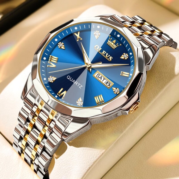 TAXAU Ny watch för män Rhombus Original Kvarts Vattentät Armbandsur Guld Armband i rostfritt stål Lyxklocka Relogios Masculino Gold Blue