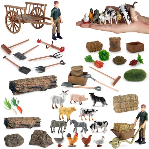 Simulerad gårdskaraktär Djurfigur Uppfödare Staket Verktyg Tupp Hästar Solid plast Actionfigurer Barn Farm Toy Collection