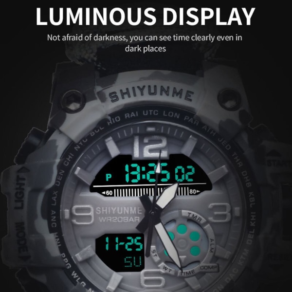 SHIYUNME Watch med kompass Vattentät herrsportklocka herr LED-kvarts watch med dubbla displayer Relogio Masculino Khaki With strap