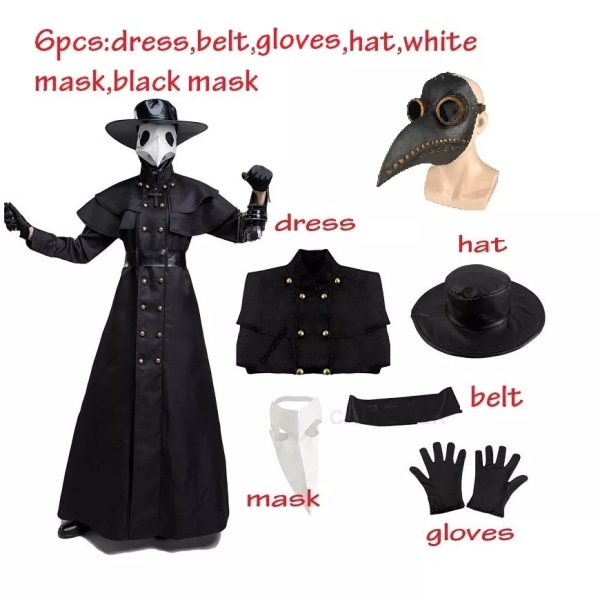 Halloween medeltida huva dräkt pest läkare kostym mask hatt för män Vuxen munk Cosplay Steampunk Präst Skräck Trollkarl Kappa Cape 5pcs set 4XL