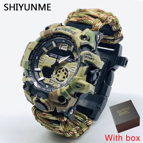 SHIYUNME Watch med kompass Vattentät herrsportklocka herr LED-kvarts watch med dubbla displayer Relogio Masculino Khaki With box