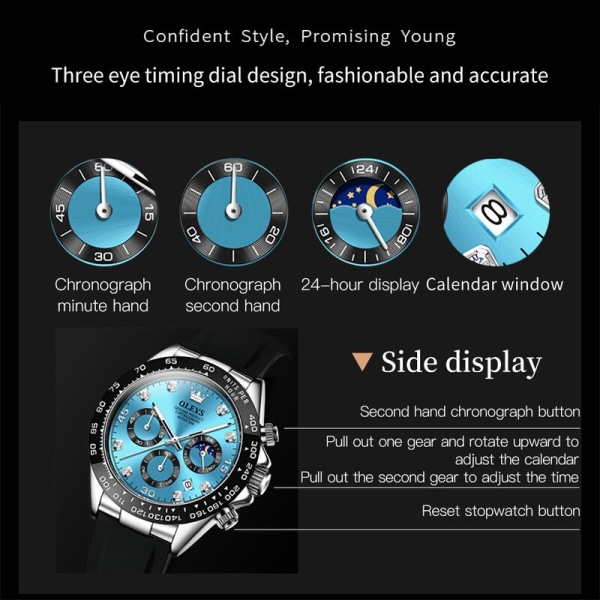 OLEVS klockor för män Chronograph Analog Quartz Watch Moon Phase Silikon Diamant Vattentät Lysande Quartz Armbandsur white 2875