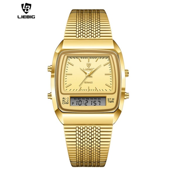 LIEBIG Watch For Herr Digital Dubbel Display Mode Guld Armbandsur Time Week 30M Vattentät Quartz Clock relogio masculino Black gold box