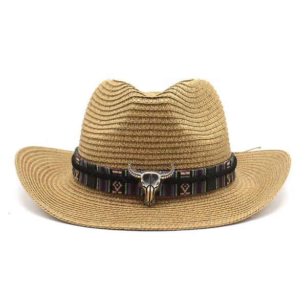 Sommar Cowboyhatt med Longhorn Hatband Pool Party Beach Halm Cap Western Stetson Formbar Cowgirl Unisex Jazz Fedora Panama Khaki