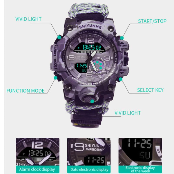 SHIYUNME Watch med kompass Vattentät herrsportklocka herr LED-kvarts watch med dubbla displayer Relogio Masculino Khaki With strap