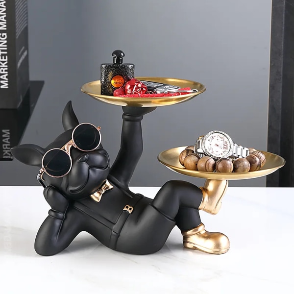 Djurharts Skulptur hund Butlerstaty Heminredning Fransk bulldogg med dubbel metallbricka Bordsdekorationer Dekor Hundfigurkonst
