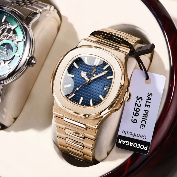 Man Armbandsur Företag Lyx Fyrkantig Herr Watch Vattentät Lysande Date Rostfritt stål Herrklockor Klocka+låda Rose Gold Blue L