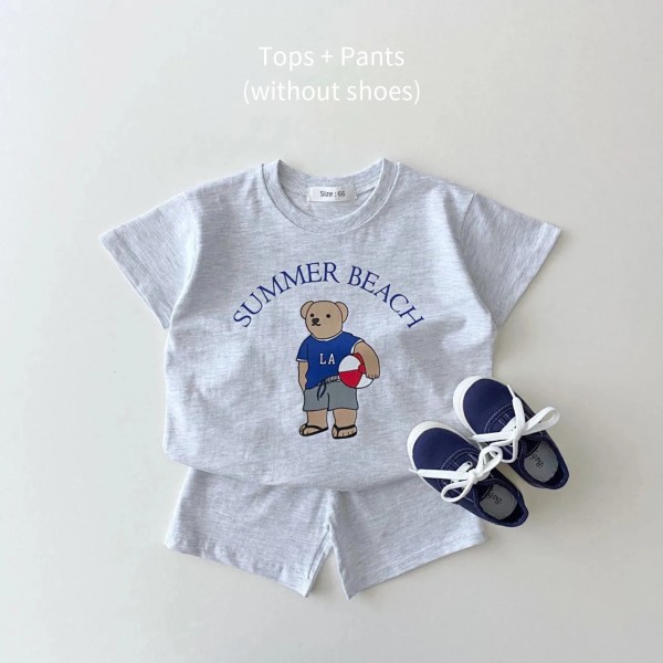 2023 Sommar Korea Baby Pojkar Kostym Broderade Björn Badge T-shirts T-shirts+lösa shorts Flickor 2st Casul Spädbarnsset Toddler 26 3-6M  66