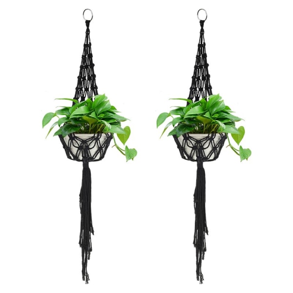 2st Macrame Växthängare Näthängande blomkrukhållare Inomhus Utomhus Handgjorda hängande planteringskorg Boho dekoration Black