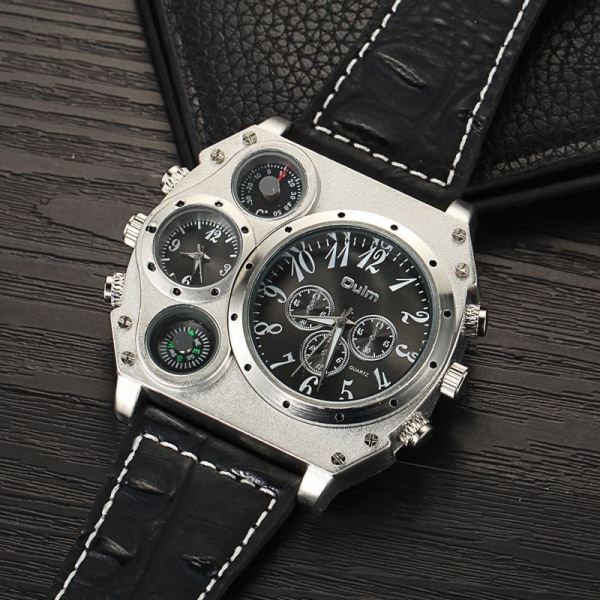 Oulm Unikt designermärke Watch för män Flera tidszoner kvartsklockor Big Dial Casual Armbandsur Military Watch Herr Black