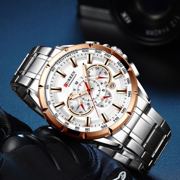 Herr Ny Casual Sport Chronograph Watch Armbandsur i rostfritt stål med stor urtavla kvartsklocka med lysande pekare rose silver