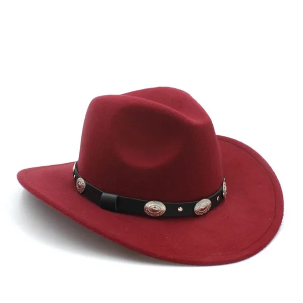 100 % ull vintage damer män Western cowboyhatt med bred brätte punkbälte Cowgirl cap med läder Toca Sombrero cap 23 Wine red