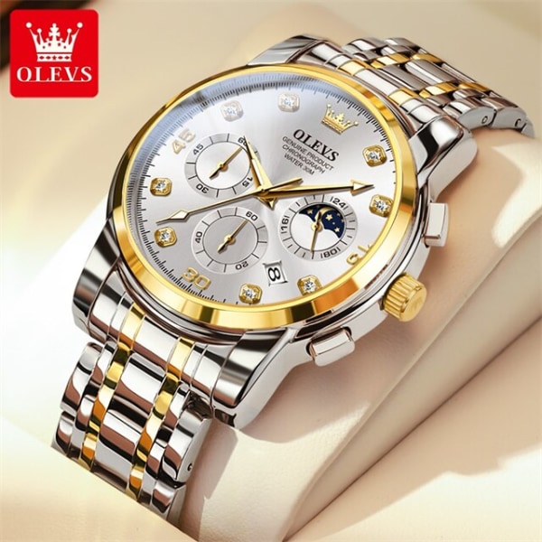 OLEVS Original Ny 2889 watch för män Chronograph Business Man Watch Vattentät armbandsur i rostfritt stål watch Gold White