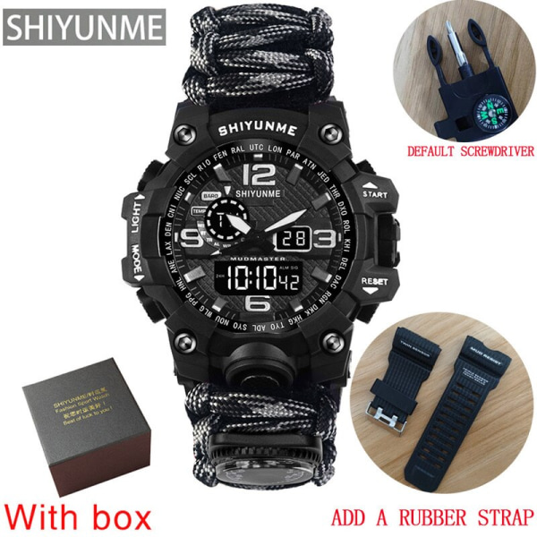 Utomhus Survival Watch Multifunktionell Vattentät Militär Taktisk Paracord Watch Armband Camping Vandring Nödutrustning grey with box strap