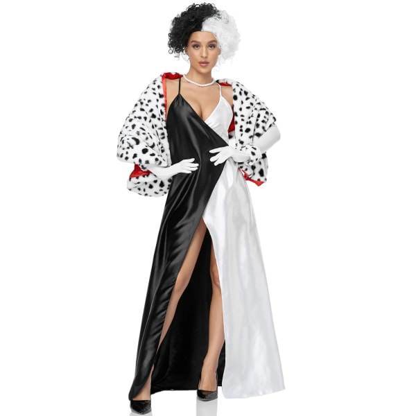 Sexig aftonklänning för kvinnor Dalmatian Cosplay Vit Svart Djävulen Häxa Dräkt Peruk Kostym Leopard Dot Wraps Sjal Halloween Shawl M