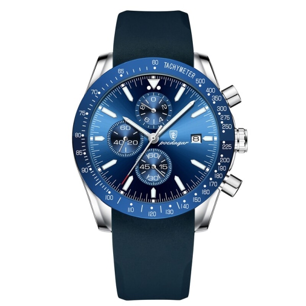 Lyx Casual Watch Toppmärke Creative Chronograph Silikonrem Datum Lysande Vattentät Herrklockor Manklocka Silver Blue Silicone