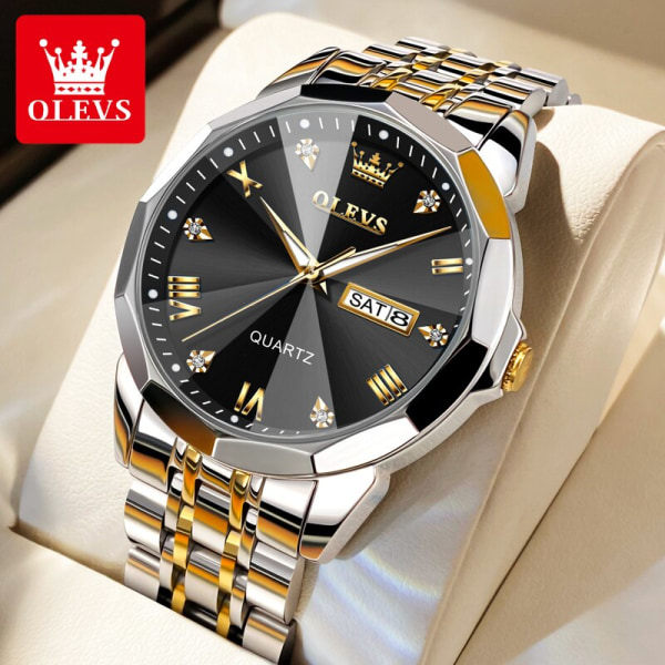 OLEVS Herrklockor Guld Original Quartz Armbandsur Vattentät Lysande watch för manlig Rhombus Spegel Date Week Lyxklänning gold black