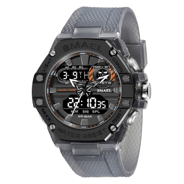 SMAEL Dual Time Röd Digital Watch Herr Militär Sport Chronograph Quartz Elektroniskt Armbandsur med Date Week Vattentät 8066 Transparent Gray