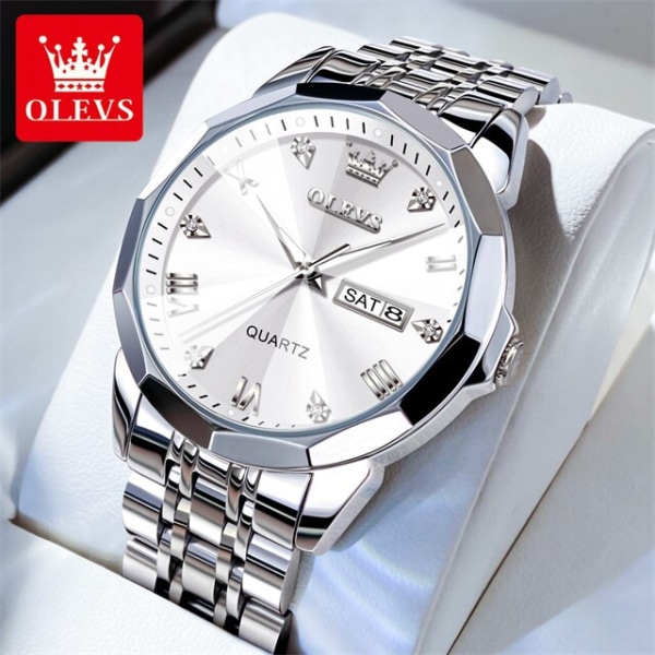 OLEVS 9931 watch för män Solid rostfri stålarm Rhombus Design Fashion Business Armbandsur för män Vattentäta klockor SIlver White-GDBB