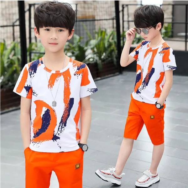 Barn Pojkar kläder sommar outfits Bomull Tonårspojkar Kläder casual Kostym Barn Kortärmad skjorta Shorts Set 4 6 8 12 år Orange 11