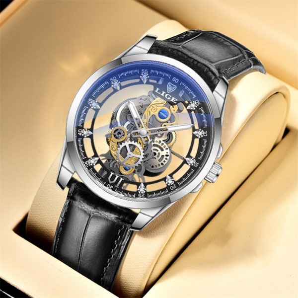 LIGE Toppmärke Lyx Herrklockor Läderarmband Mode Business Quartz Watch för män Vattentät Casual Sport Man Chronograph Gold