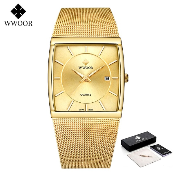 Lyx watch män fyrkantig Japan kvarts smalt mesh Vattentät Sport Automatisk Date Armbandsur Relogio Masculino gold gold