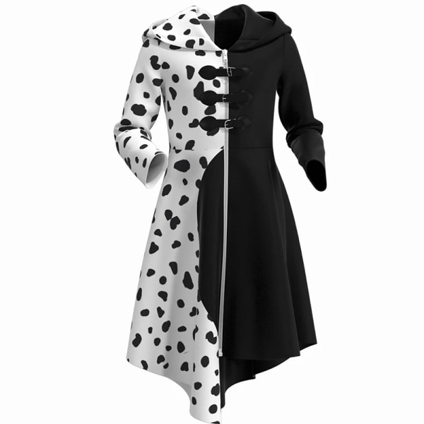 Cruella De Vil Cosplay Dräkt Kvinnor Klänning Svart Vit Maid Klänning Med Handskar Luvtröja Kjol Peruker Outfits Halloween Party Cos Kostymer CruellaDeVil2 150