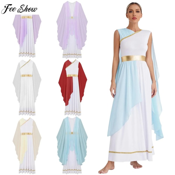 Kvinnors Halloween grekiska Beaty Cosplay Kostymer Chiffong Cap Ärm Guldkanter Ancient Toga Grekland Roman Queen Dress Up Klänning Light Blue M