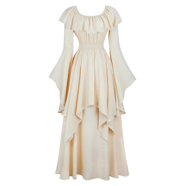 Medeltida klänning för kvinnor piratkostym viktoriansk klänning i stora storlekar Off Shoulde långärmad klänning beige L