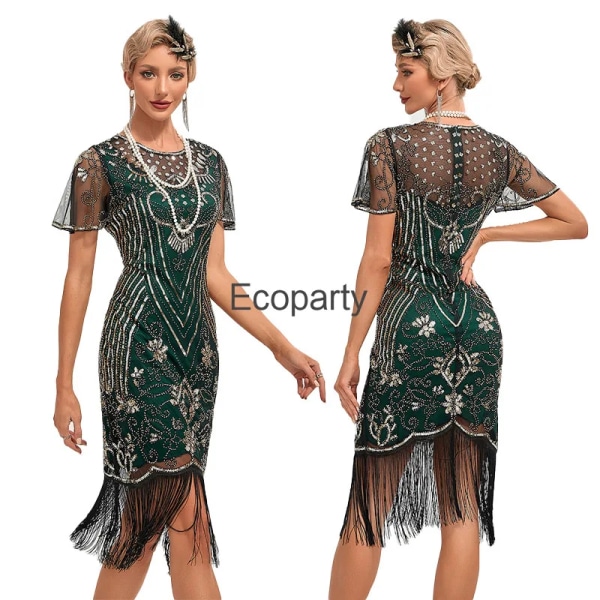 Ny 1920-tals vintage paljettklänning för kvinnor pärlfransar kvällsfestklänning Great Gatsby Charleston klänningar Cocktailbollskostym Golden Green 3XL