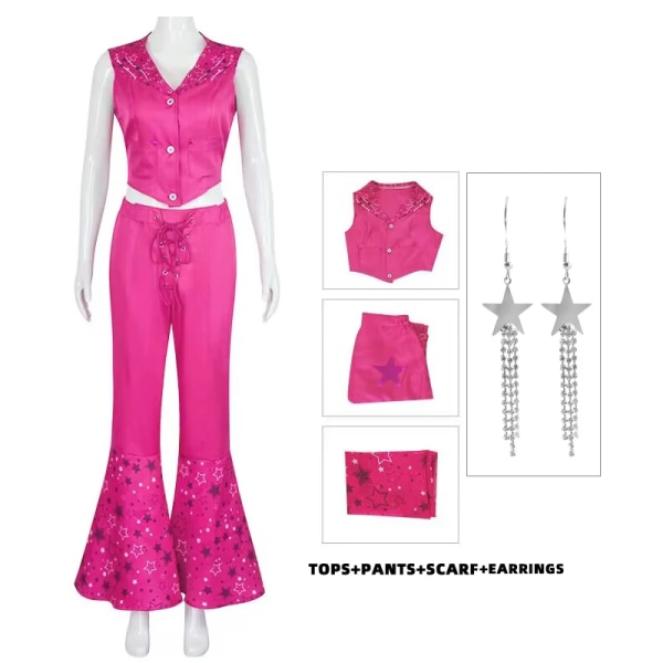 Film Margot Robbie Barbe Cosplay Kostym 70-talet 80-talet Hippie Disco Cowgirl Outfit Väst Flare Byxor för kvinnor Dam Halloween Party Costume B XXL