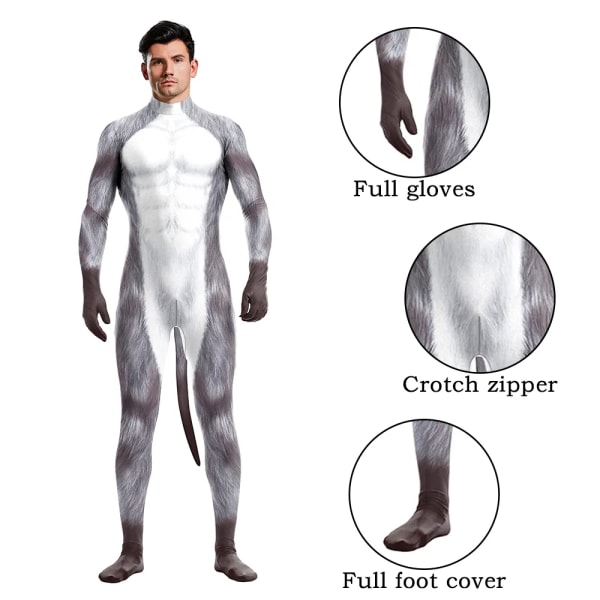 Zawaland Creative Cosplay Animal Husky Wolf Beast Kostymer Unisex cover Elastisk Party Bodysuit Zentai med svans Jumpsuits 1026 S