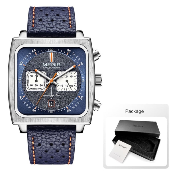 MEGIR Sport Quartz Watch Herr Silver Blue Chronograph Dress Armbandsur med band i rostfritt stål Auto Date Lysande visare 24-timmars Blue-Box