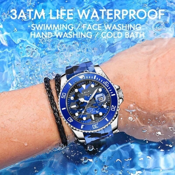 LIGE Mode Herrklockor Toppmärke Lyx Quartz Armbandsur Sport Marinblå Camouflage Watch för män Relogio Masculino Silver blue