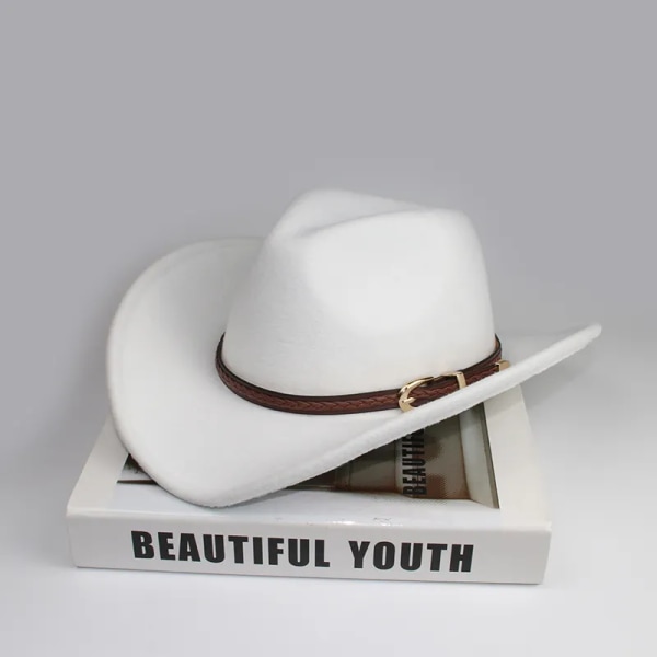 Kaffeläderband Vintage Förälder barn Kvinnor Män Barn Barn Ull Bred brätte Cowboy Western Hatt Cowgirl Cap 54 57 61cm White