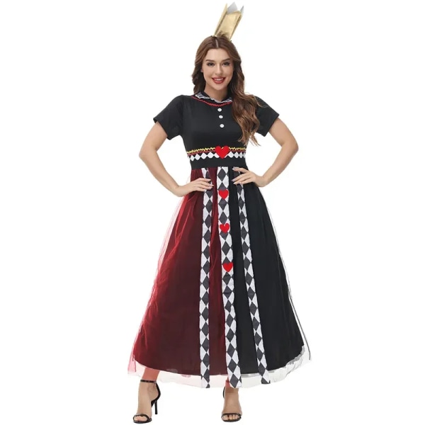 Halloween Queen of Hearts Kostym för kvinnor Flickor Kid Alice i Underlandet Poker Queen Cosplay Carnival Fancy Party Dress B-026(With Headwear) L