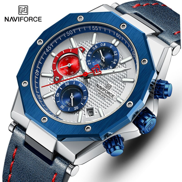 Lyx NAVIFORCE klockor för män Mode Läderrem Militär Vattentät Sport Kronograf Quartz Armbandsur Klocka med datum With Box