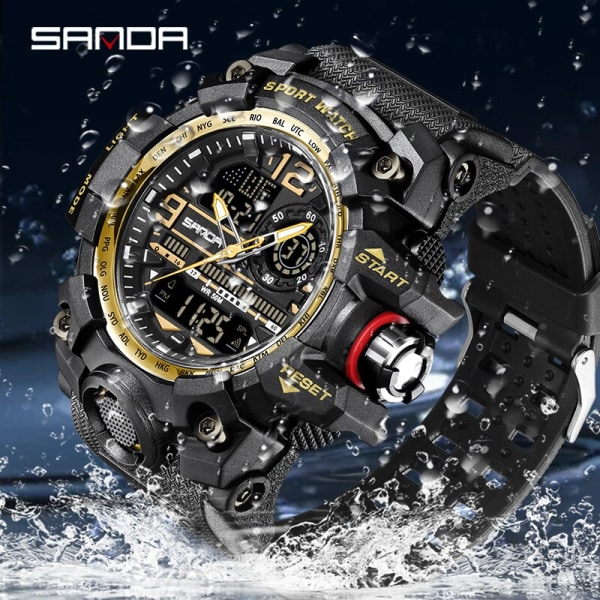 SANDA G style New Men Watch 50M Vattentät Sport Militär Quartz Watch For Man Electron Digital Armbandsur Reloj De Hombre Black 3132