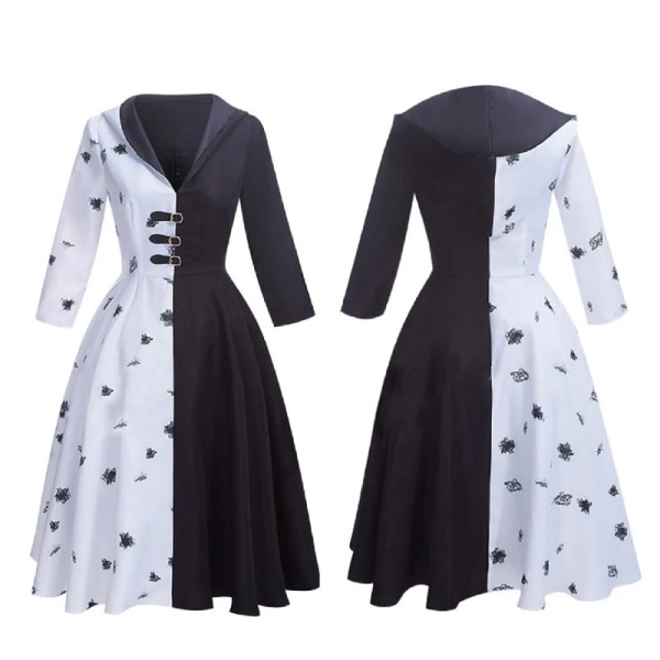 Cruella De Vil Cosplay Dräkt Kvinnor Klänning Svart Vit Maid Klänning Med Handskar Luvtröja Kjol Peruker Outfits Halloween Party Cos Kostymer CruellaDeVil5 XL