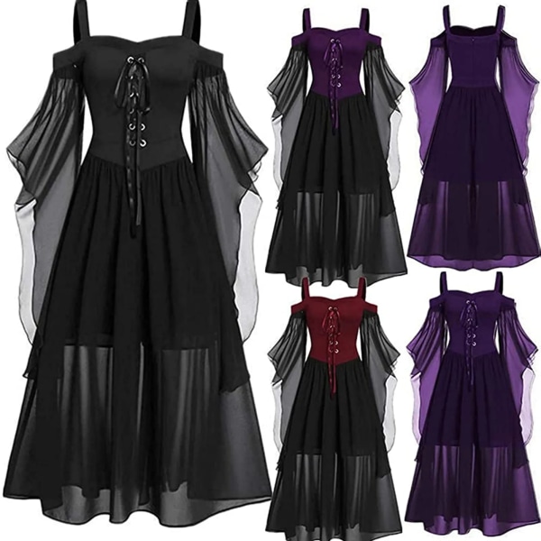 Halloween Witch Cosplay Kostymer Gothic Off Shoulder Snörning Vestidos Bandage Mesh Skir A-linje lång festklänning för kvinnor green XXL