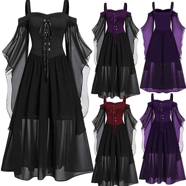 Halloween Witch Cosplay Kostymer Gothic Off Shoulder Snörning Vestidos Bandage Mesh Skir A-linje lång festklänning för kvinnor Navy Blue XXL