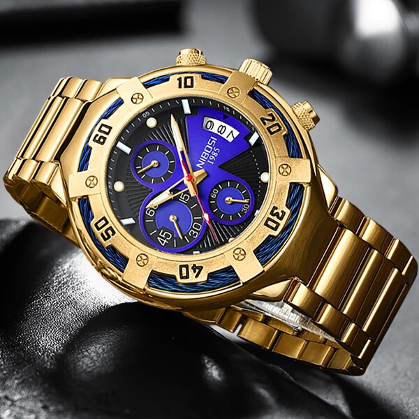 NIBOSI watch för män Lyxig stor storlek guld mode kvartsklockor Klocka Kronograf Sport Vattentät armbandsur Relogio Masculino 2
