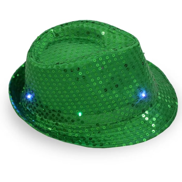 Kvinna Män Barn LED Blinkande paljett Jazz Hat Cap Light Up Fluga Bär rekvisita-grön hatt green hat Adults