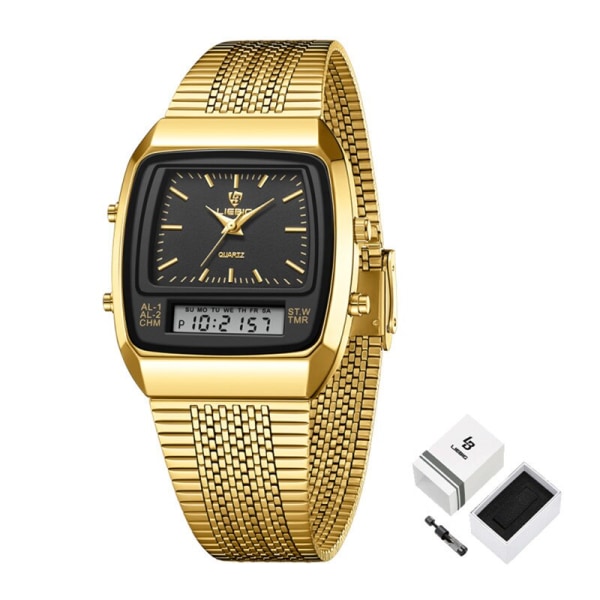LIEBIG Watch For Herr Digital Dubbel Display Mode Guld Armbandsur Time Week 30M Vattentät Quartz Clock relogio masculino Black gold box