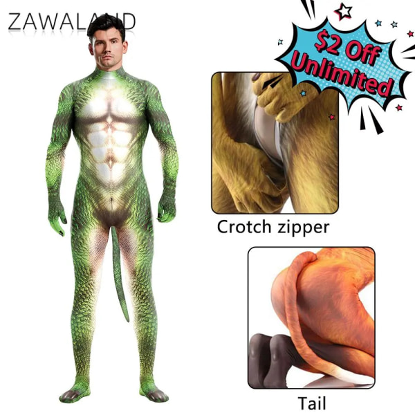 Zawaland Halloween Bodysuits Man Vuxen Kostym Med Svans Cover Elastisk Zentai Suit Cosplay Animal Dragon Print Catsuit 1006 XXXL