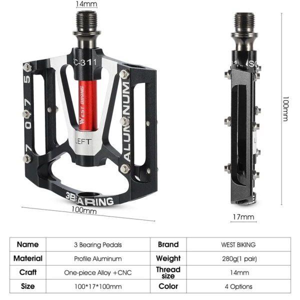 WEST BIKING Cykelpedaler 3 lager Halkfria MTB-pedaler Aluminiumlegering Platt Tillämplig Vattentät cykeltillbehör 3 Bearings BLACK
